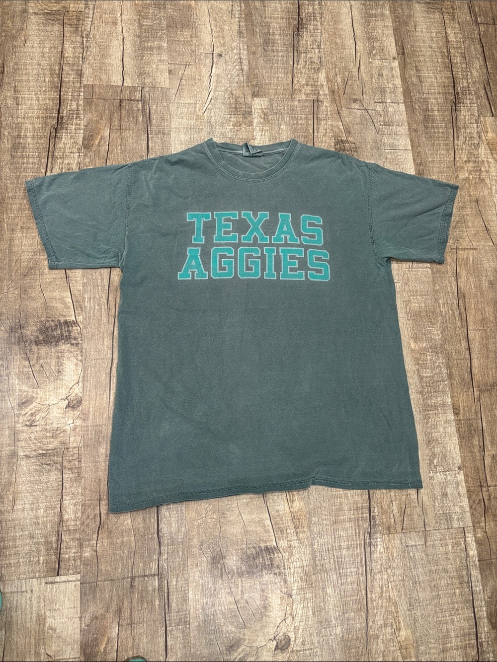 Comfort Colors Faded Charcoal Tee with Teal Texas Aggies Print